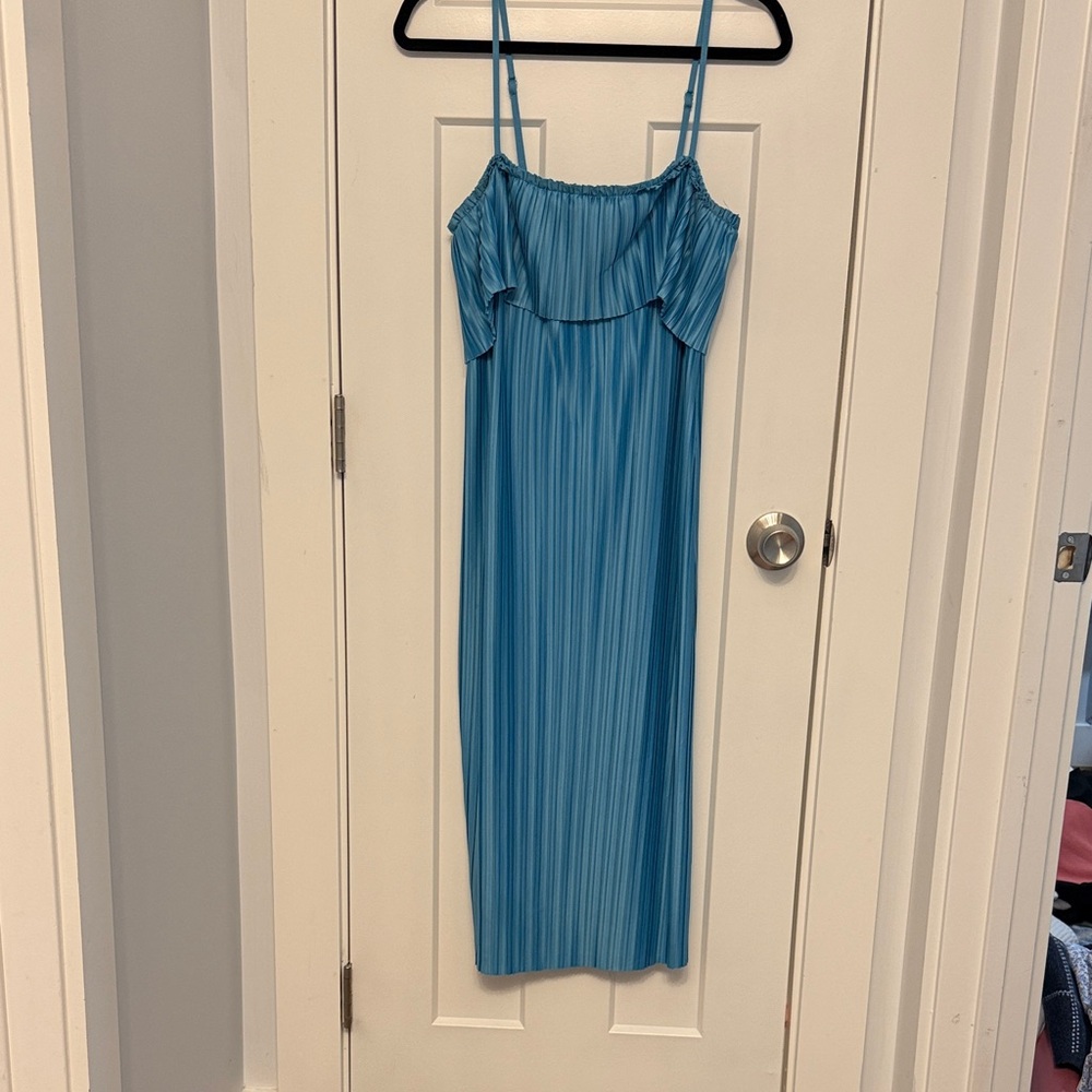 Blue Pleated Spaghetti Strap Dress